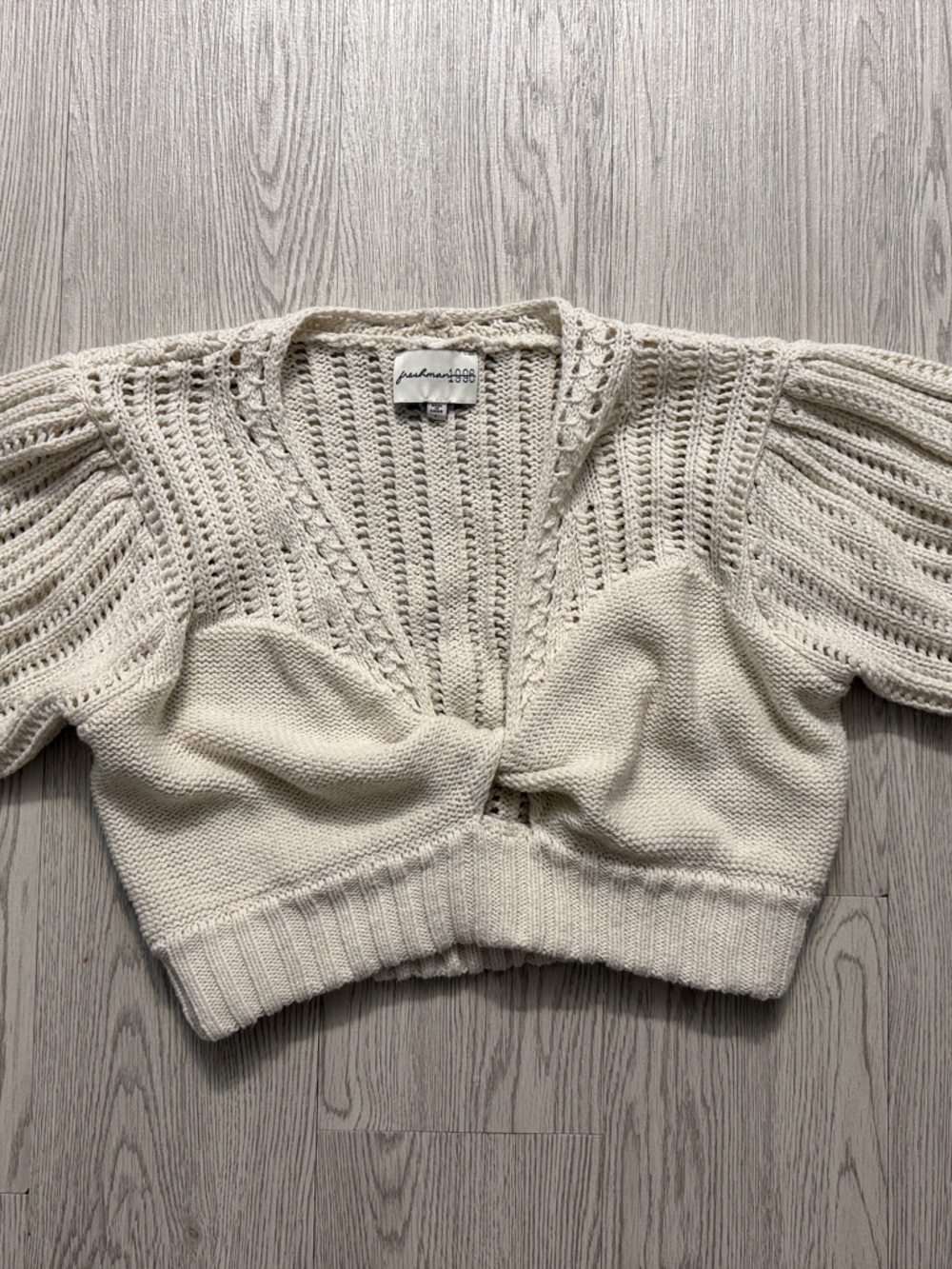 Pleated Puff-Sleeve Cream Knit Cropped Cardigan